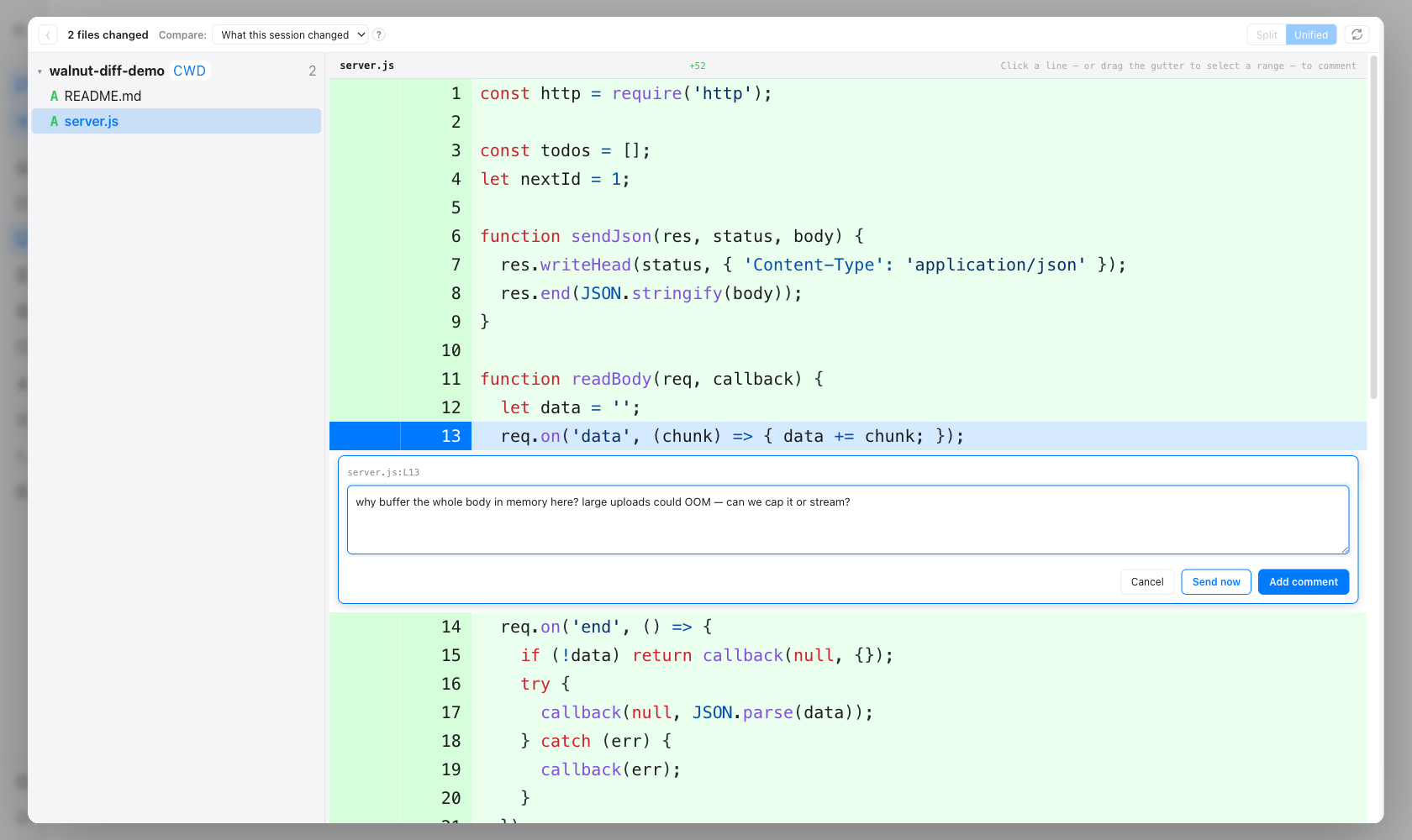 Click a line in the Walnut diff to leave a PR-style comment and hand it back to the agent