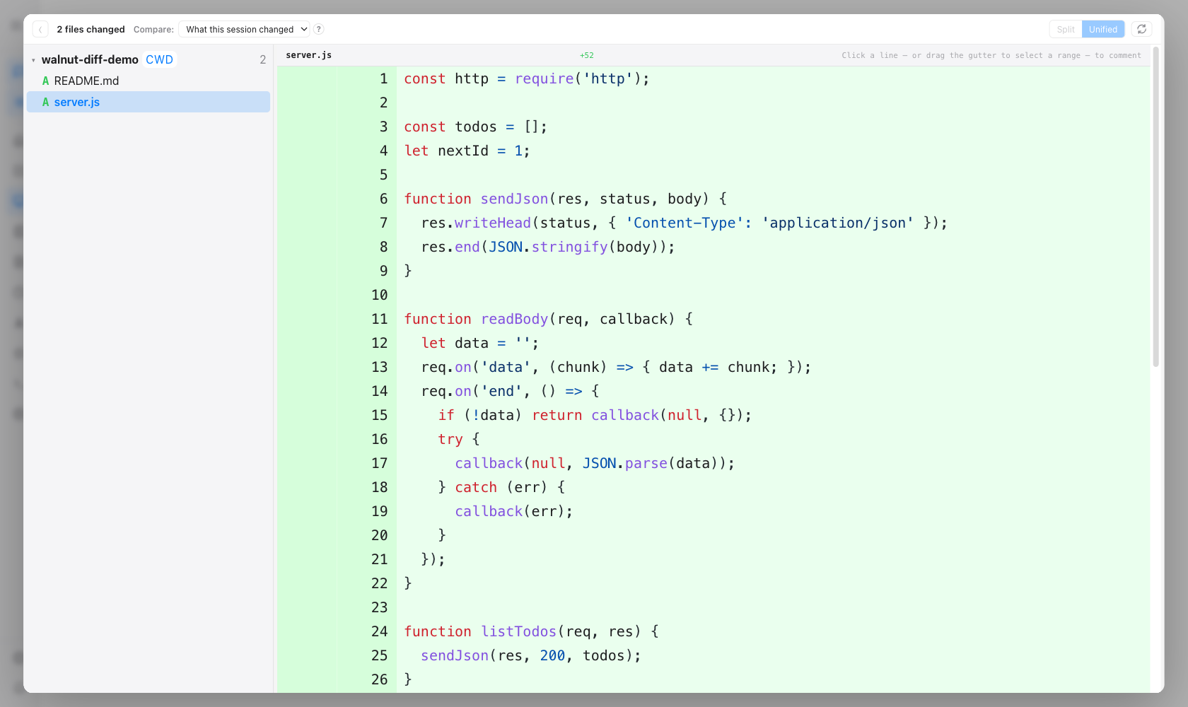 A GitHub-style per-session diff in Walnut showing exactly what one Claude Code session changed